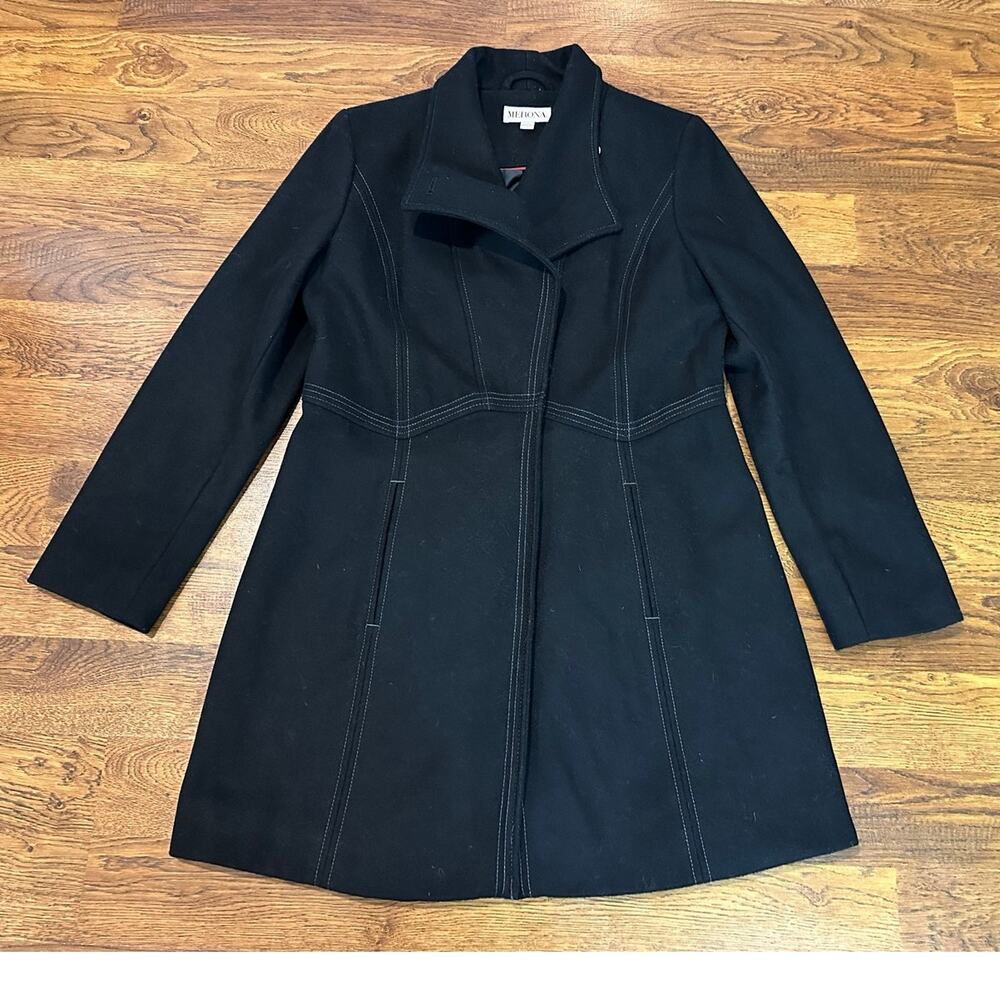 Merona Women's Wool Blend Midi Overcoat Black Size Large Classic Coat